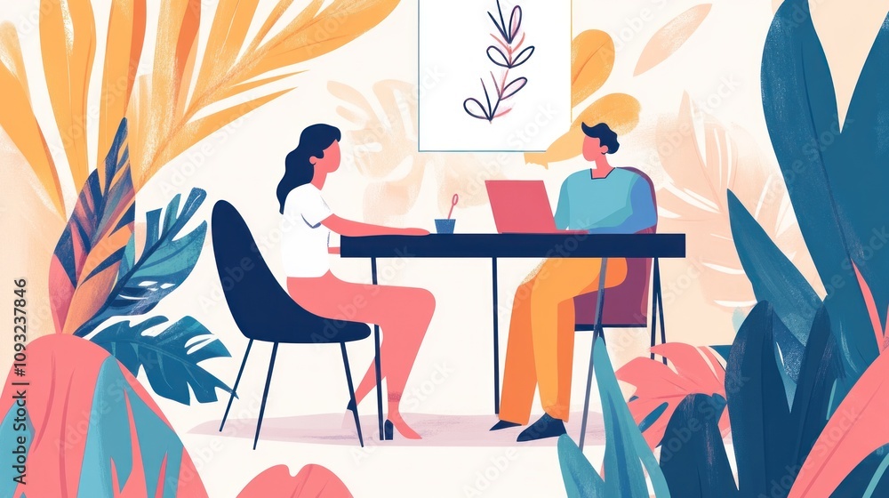 Two People Collaborate at a Table Amidst Lush Foliage Two People Collaborate at a Table Amidst Lush Foliage
