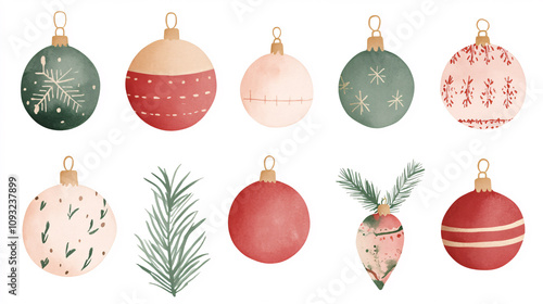 A festive watercolor clipart set featuring hand-painted Christmas ornaments in traditional red, green, and gold tones. Each ornament is adorned with intricate patterns and festive motifs, scattered