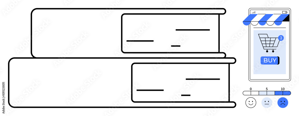 Two books stacked, a smartphone displaying a shopping cart app with a buy button and a store awning, a rating bar with happy neutral and sad faces. Ideal for e-commerce, online shopping, book sales Two books stacked, a smartphone displaying a shopping cart app with a buy button and a store awning, a rating bar with happy neutral and sad faces. Ideal for e-commerce, online shopping, book sales
