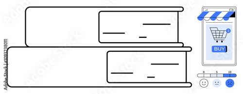 Two books stacked, a smartphone displaying a shopping cart app with a buy button and a store awning, a rating bar with happy neutral and sad faces. Ideal for e-commerce, online shopping, book sales