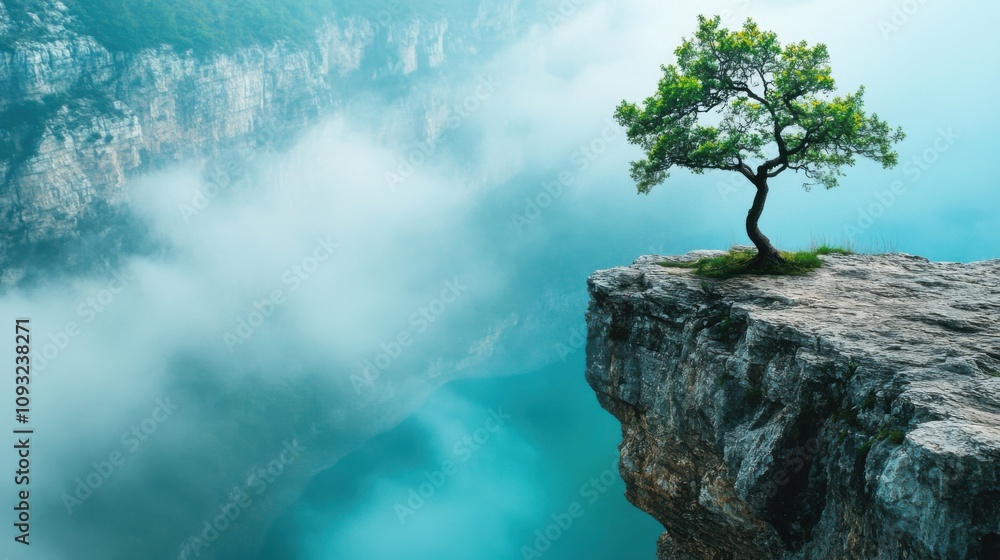 Serene Isolated Tree on a Cliff Overlooking a Misty Valley at Dawn, Capturing Nature's Beauty and Tranquility with Lush Greenery and Pristine Waters Serene Isolated Tree on a Cliff Overlooking a Misty Valley at Dawn, Capturing Nature's Beauty and Tranquility with Lush Greenery and Pristine Waters