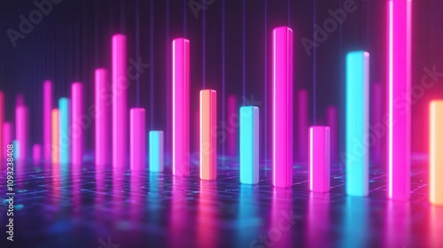 Visualization of market trends with increasing bar charts, glowing neon data points