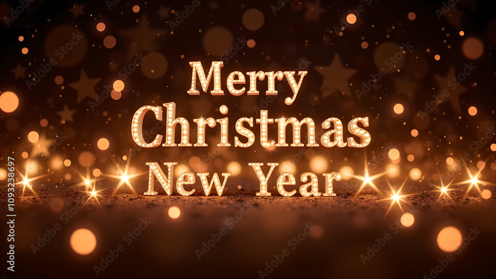 Merry Christmas and Happy New Year greeting with golden lights. Concept of celebration, winter holidays, and festive season. Merry Christmas and Happy New Year greeting with golden lights. Concept of celebration, winter holidays, and festive season.