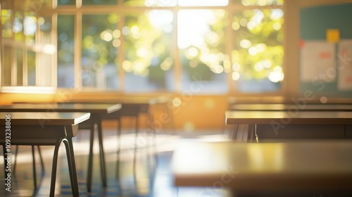 Blurred background of an empty classroom, signifying back-to-school season