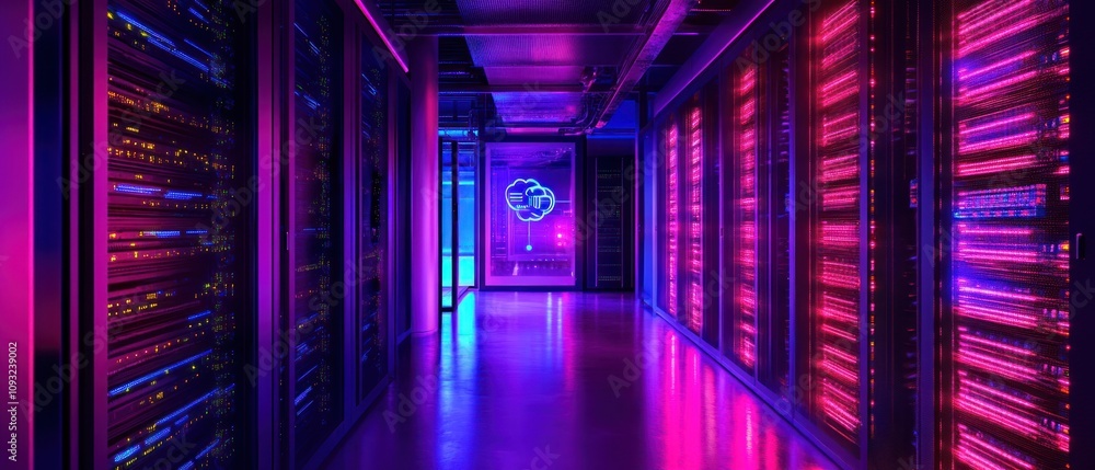 Fototapeta premium A vibrant server room illuminated with neon lights, showcasing advanced technology infrastructure.