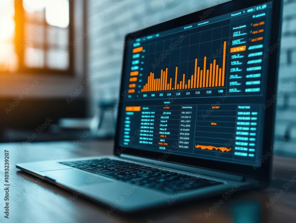 Dashboard with dynamic charts and graphs, representing growing market trends and business insights Dashboard with dynamic charts and graphs, representing growing market trends and business insights