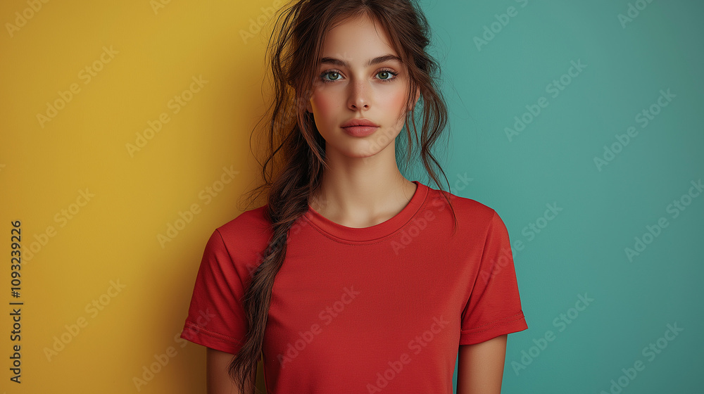 Fototapeta premium Bold and Beautiful: A young woman with captivating green eyes and a braid cascading down her back, stands confidently against a vibrant yellow and teal backdrop.
