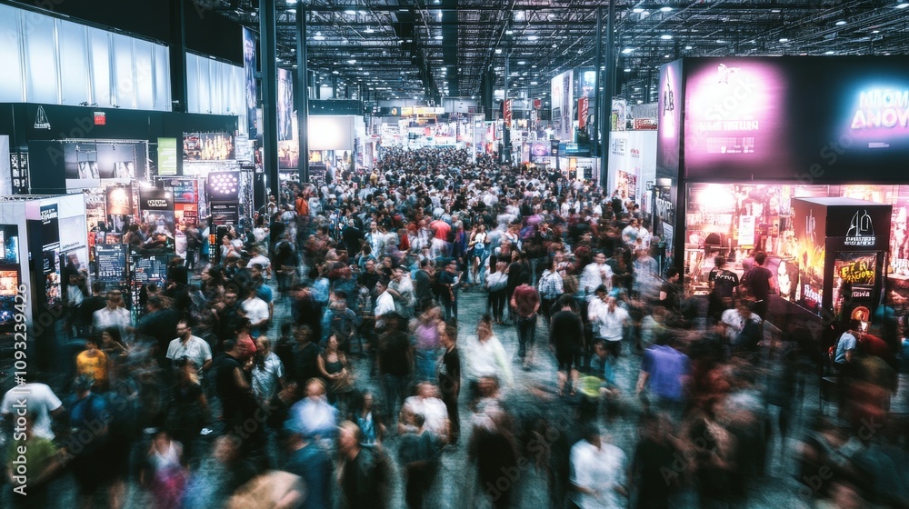 Obraz premium Blurred crowd at an exhibition hall, representing a busy trade show environment