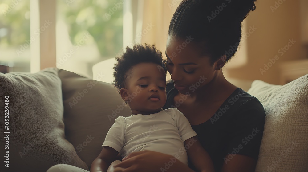 A mother lovingly holds her child on a cozy couch. A mother lovingly holds her child on a cozy couch.