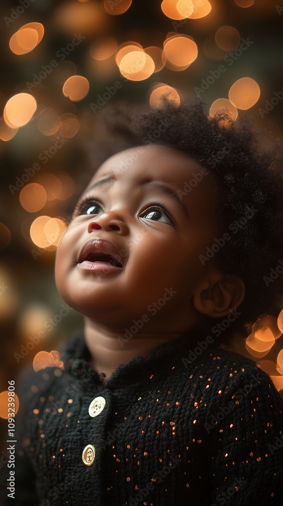 Crying Black baby against blurred Christmas tree, New Year, banner Crying Black baby against blurred Christmas tree, New Year, banner