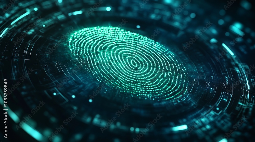 Glowing teal fingerprint scan in a futuristic digital interface. Glowing teal fingerprint scan in a futuristic digital interface.