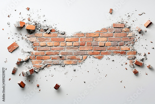 Fototapeta Naklejka Na Ścianę i Meble -  A demolished brick wall section with authentic debris scatter.