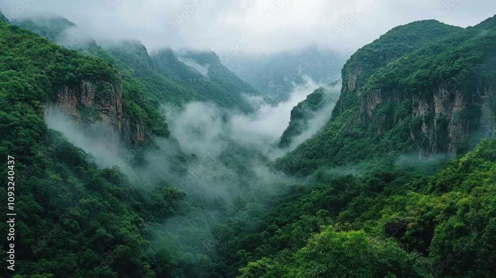 Majestic Mountain Valley Shrouded in Mist with Lush Green Trees and Dramatic Cliff Faces Under a Cloudy Sky in Natural Scenic Landscape Majestic Mountain Valley Shrouded in Mist with Lush Green Trees and Dramatic Cliff Faces Under a Cloudy Sky in Natural Scenic Landscape