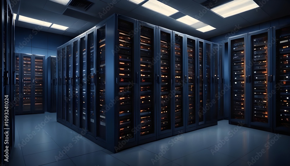 Server racks in computer network security server room data center d render dark blue Server racks in computer network security server room data center d render dark blue