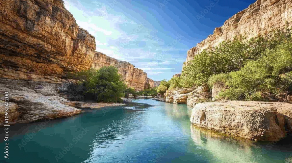 Serene River Flowing Through Majestic Canyon Surrounded by Lush Greenery and Dramatic Rocky Cliffs Under a Clear Blue Sky Serene River Flowing Through Majestic Canyon Surrounded by Lush Greenery and Dramatic Rocky Cliffs Under a Clear Blue Sky