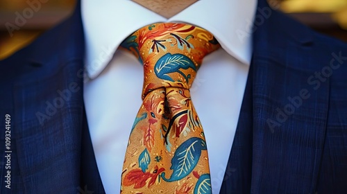 Closeup of a Floral Patterned Tie Knotted on a White Shirt with a Blue Suit Jacket photo