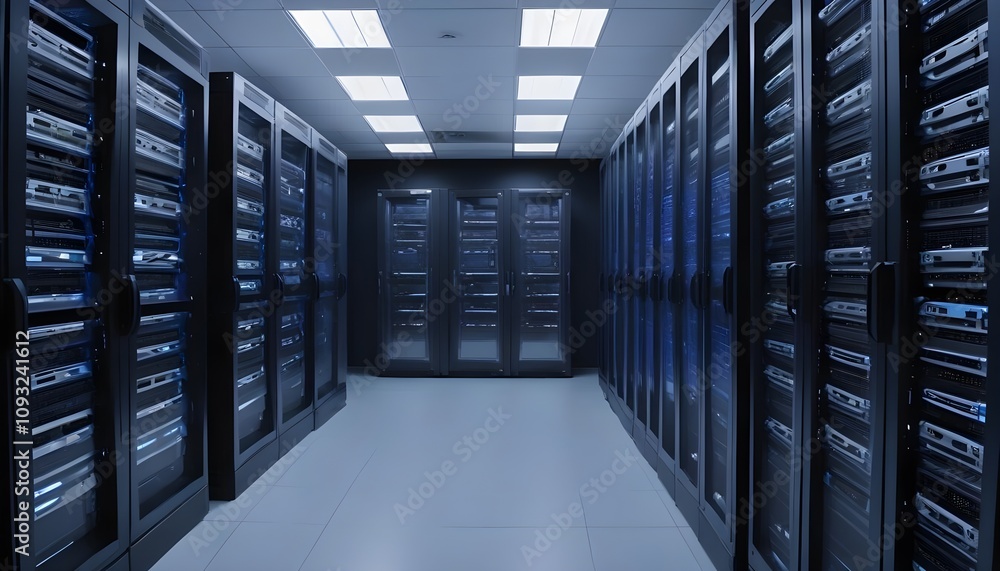 Server racks in computer network security server room data center d render dark blue Server racks in computer network security server room data center d render dark blue