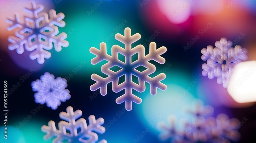 A large 3D snowflake flies against blurred snowflakes and bokeh lights in the background. A vibrant, dreamy New Year's 3d rendered scene. New year invitation card background A large 3D snowflake flies against blurred snowflakes and bokeh lights in the background. A vibrant, dreamy New Year's 3d rendered scene. New year invitation card background