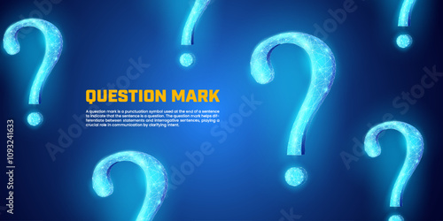 Digital blue question mark in low poly style, abstract geometric background suitable for illustrations of doubt, uncertainty, answers, education, and question symbols.