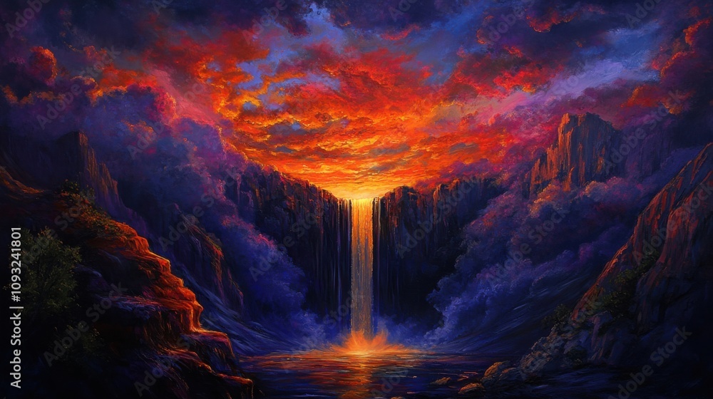 Fototapeta premium Stunning Sunset Over Majestic Waterfall in Vibrant Landscape with Dramatic Clouds and Lush Surroundings, Capturing Nature's Breathtaking Beauty in Vivid Colors