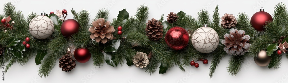 Fototapeta premium Festive atmosphere with beautiful Christmas decorations and holiday ornaments isolate on white background