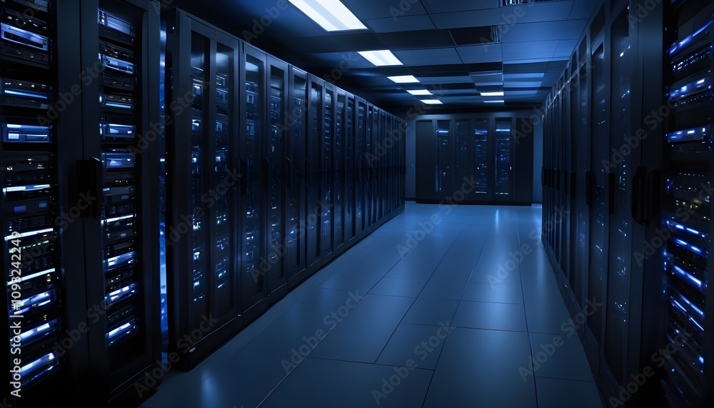 Server racks in computer network security server room data center d render dark blue Server racks in computer network security server room data center d render dark blue