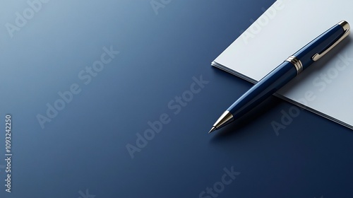 Modern Workspace Scene with Stylish Pen and Paper on Blue Background