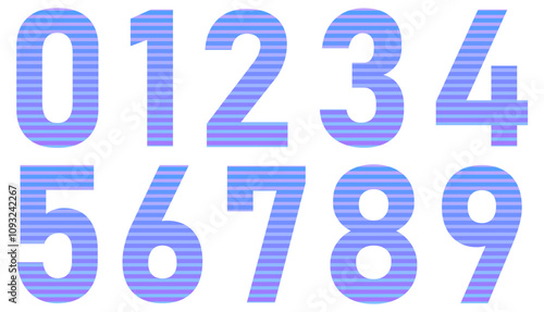 Set of colorful numbers with pattern isolated on white. Alphabet with numbers. Vector graphic elements for design. Abstract pattern with lines. Pink and blue gradient