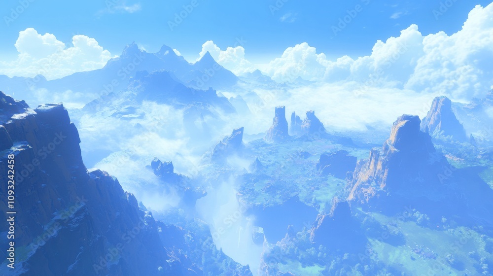Obraz premium Majestic Mountain Landscape with Clouds, Lush Green Valley, and Serene Blue Sky Overlooking a Breathtaking Natural Wonder