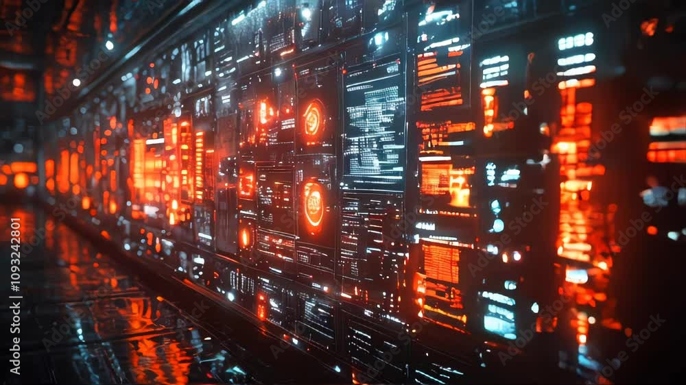 Glowing digital data panels in a futuristic style with vivid orange and red highlights. Ideal for technology, cybersecurity, or sci-fi concepts Glowing digital data panels in a futuristic style with vivid orange and red highlights. Ideal for technology, cybersecurity, or sci-fi concepts