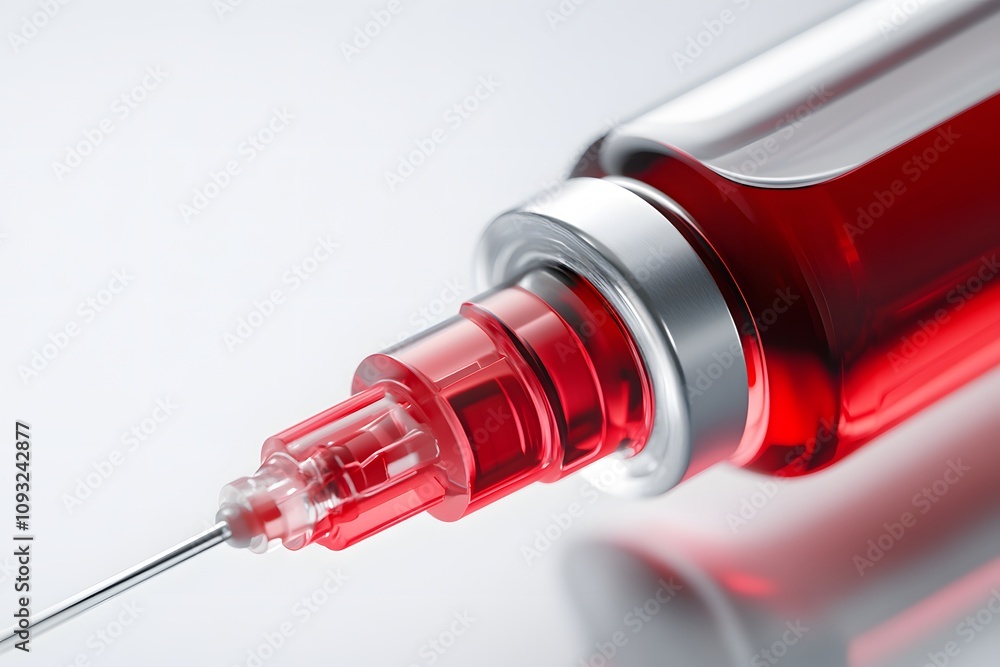 Vector clip art illustration of a red glass syringe filled with a dark liquid, on a white background Vector clip art illustration of a red glass syringe filled with a dark liquid, on a white background