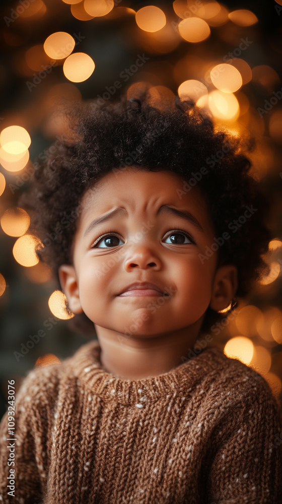 Crying Black baby against blurred Christmas tree, New Year, banner Crying Black baby against blurred Christmas tree, New Year, banner