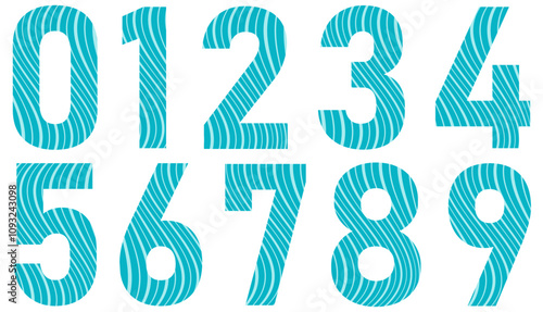 Set of blue numbers with pattern isolated on white. Alphabet with numbers. Vector graphic elements for design. Abstract pattern with lines. Turquoise color