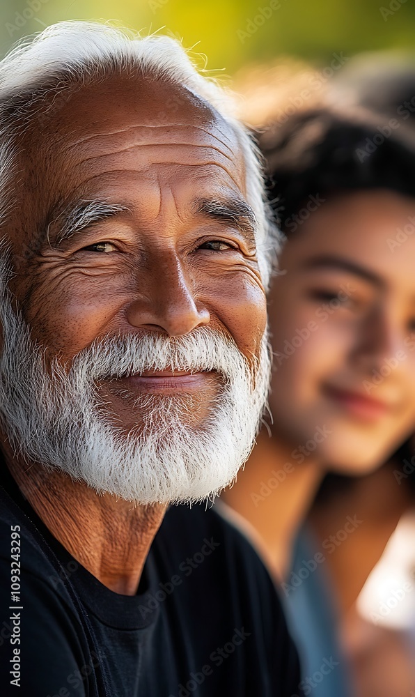 A smiling elderly man with a white beard, sitting beside a young woman. A smiling elderly man with a white beard, sitting beside a young woman.