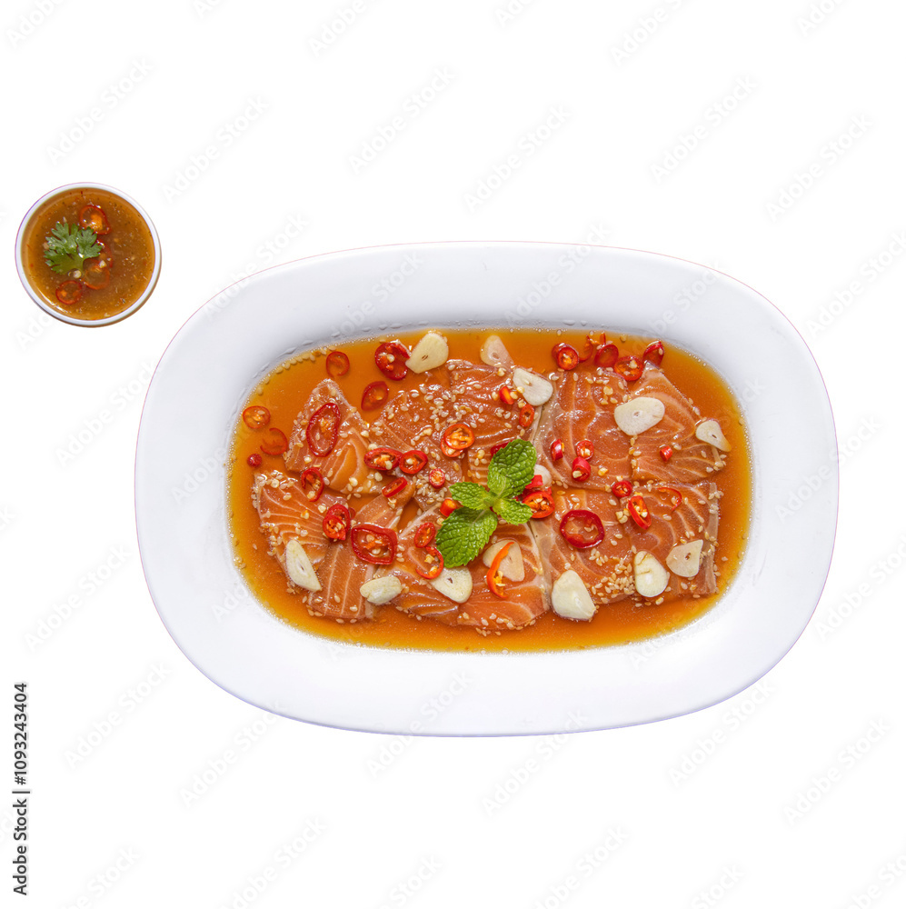 A vibrant dish featuring slices of fish garnished with herbs, tomatoes, and a flavorful sauce, served in an elegant white bowl. A vibrant dish featuring slices of fish garnished with herbs, tomatoes, and a flavorful sauce, served in an elegant white bowl.