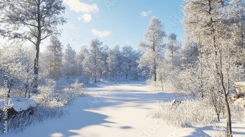 Sunny Winter Wonderland: Realistic Snowy Landscape with Glistening Trees and Sparkling Snow, Seasonal Nature Photography