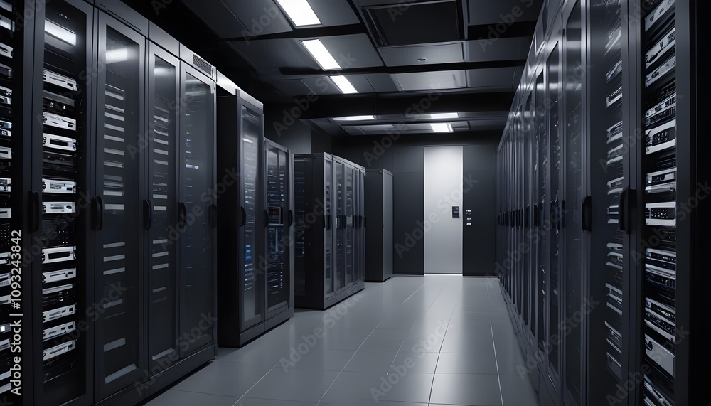 Server racks in computer network security server room data center d render dark blue Server racks in computer network security server room data center d render dark blue