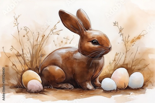 A watercolor illustration of a brown bunny surrounded by pastel Easter eggs in a natural setting, conveying a soft and rustic Easter theme photo