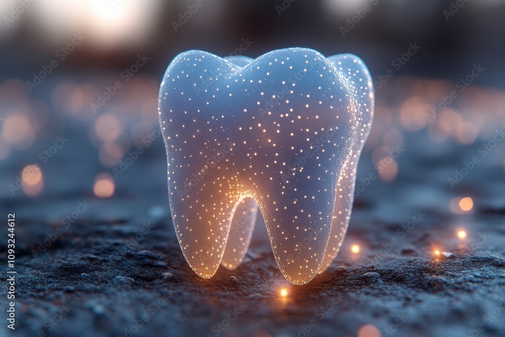 Fototapeta premium Shining tooth surrounded by abstract glowing lights. Soft blurred background in gentle hues. Space reserved for dental clinic text.