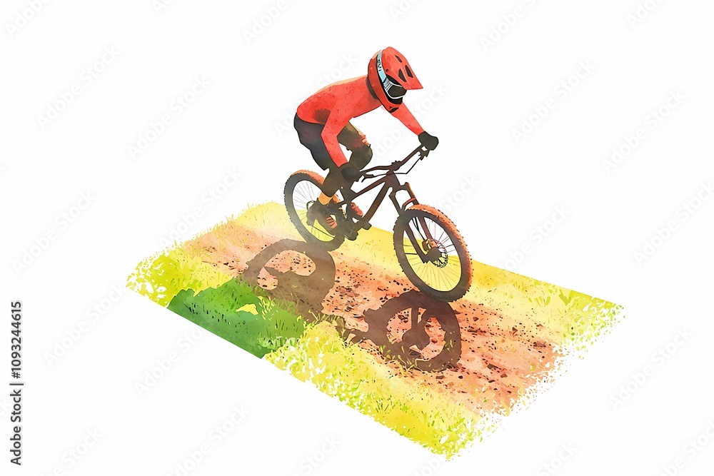 Obraz premium Dynamic Cyclist in Bright Red Outfit Riding a Mountain Bike on Artistic Trail with Colorful Brushstroke Effect in Vibrant Nature Scene