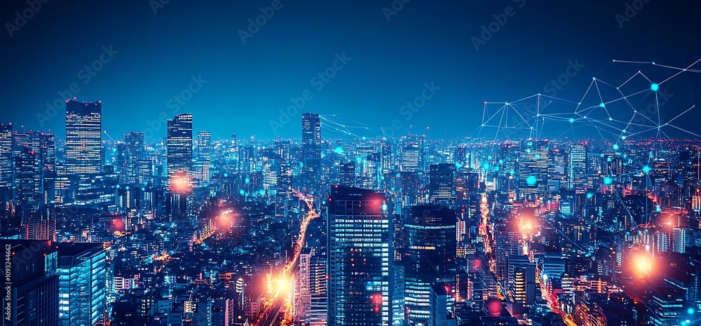 A vibrant city skyline illuminated at night with digital connections. A vibrant city skyline illuminated at night with digital connections.