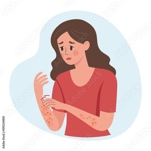 Woman scratches her hand. Allergic itching, skin inflammation, redness and irritation. Atopic dermatitis, eczema, psoriasis. Healthcare and medicine.