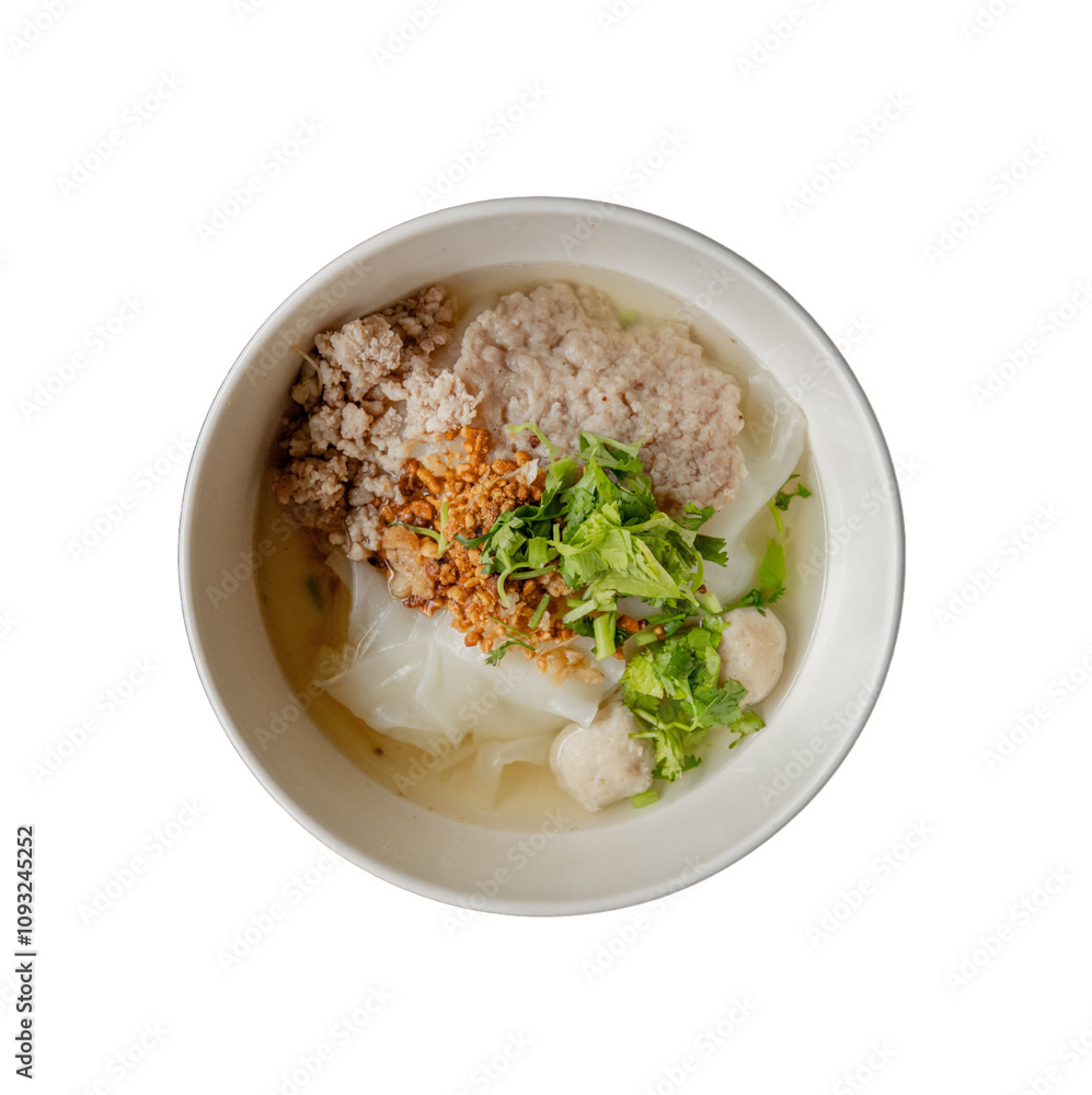 A bowl of rice noodles topped with minced meat, herbs, and crispy onions. A bowl of rice noodles topped with minced meat, herbs, and crispy onions.