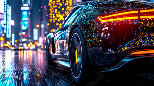 Wallpaper Mural A sleek, futuristic car illuminated by city lights, reflecting vibrant colors on wet pavement in a bustling urban setting. Torontodigital.ca