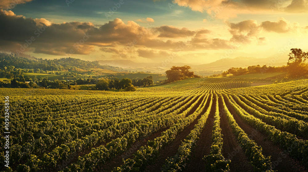A vineyard stretches across a hillside at sunset. Rows of grapevines are visible A vineyard stretches across a hillside at sunset. Rows of grapevines are visible