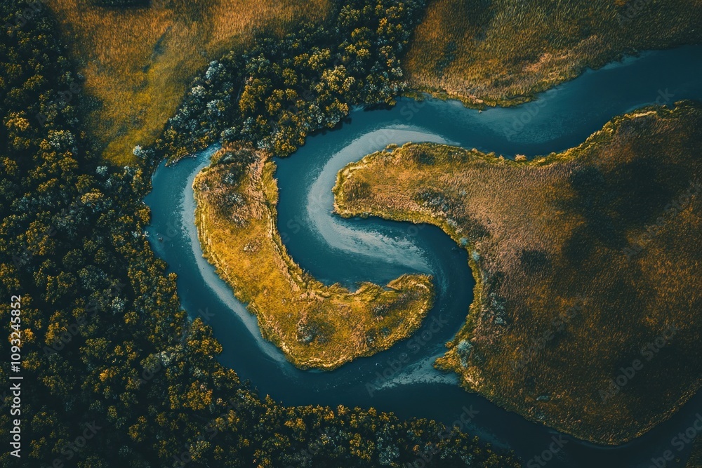 Aerial View Of A River Meandering Through Lush Green Marshland