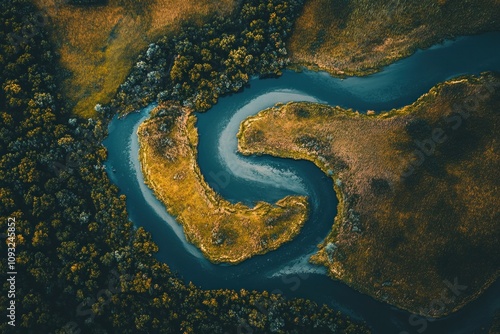 Obraz na płótnie Aerial View Of A River Meandering Through Lush Green Marshland w salonie