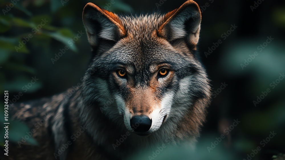 A captivating close-up of a wolf, showcasing its intense gaze and detailed fur amidst a lush green backdrop. A captivating close-up of a wolf, showcasing its intense gaze and detailed fur amidst a lush green backdrop.
