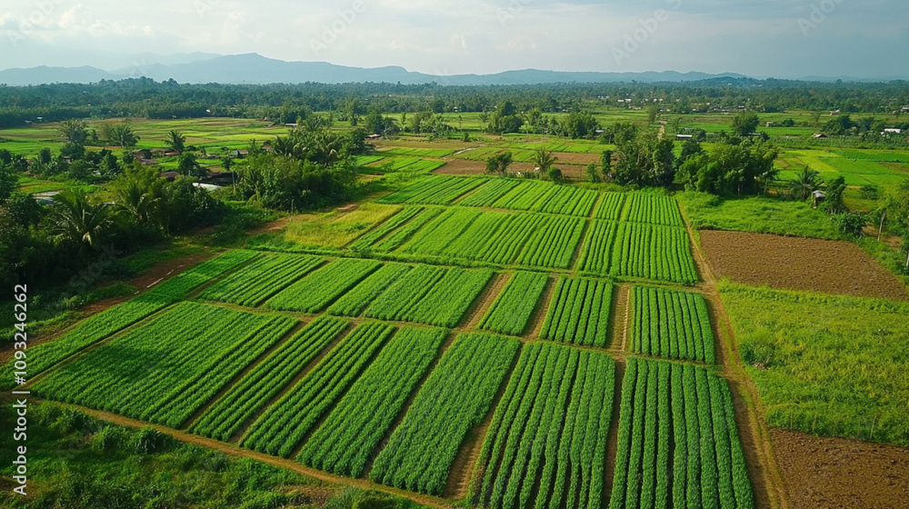 A wide view of cultivated fields, rows of green plants A wide view of cultivated fields, rows of green plants