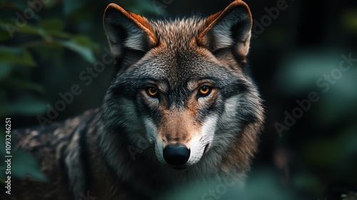 A captivating close-up of a wolf, showcasing its intense gaze and detailed fur amidst a lush green backdrop.